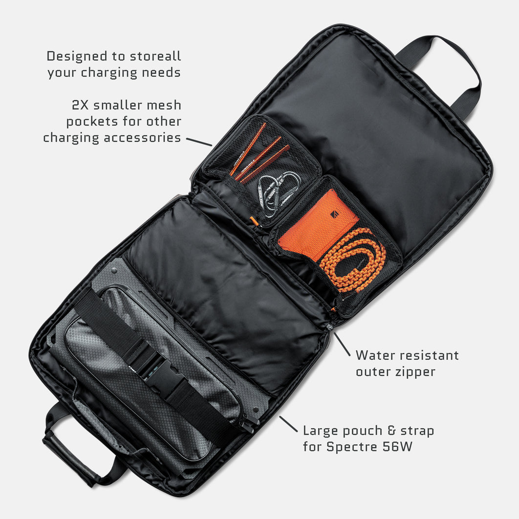 Spectre accessories case features: two mesh pockets for charging accessories, a water-resistant outer zipper and a large pouch and strap for the Spectre 56W.