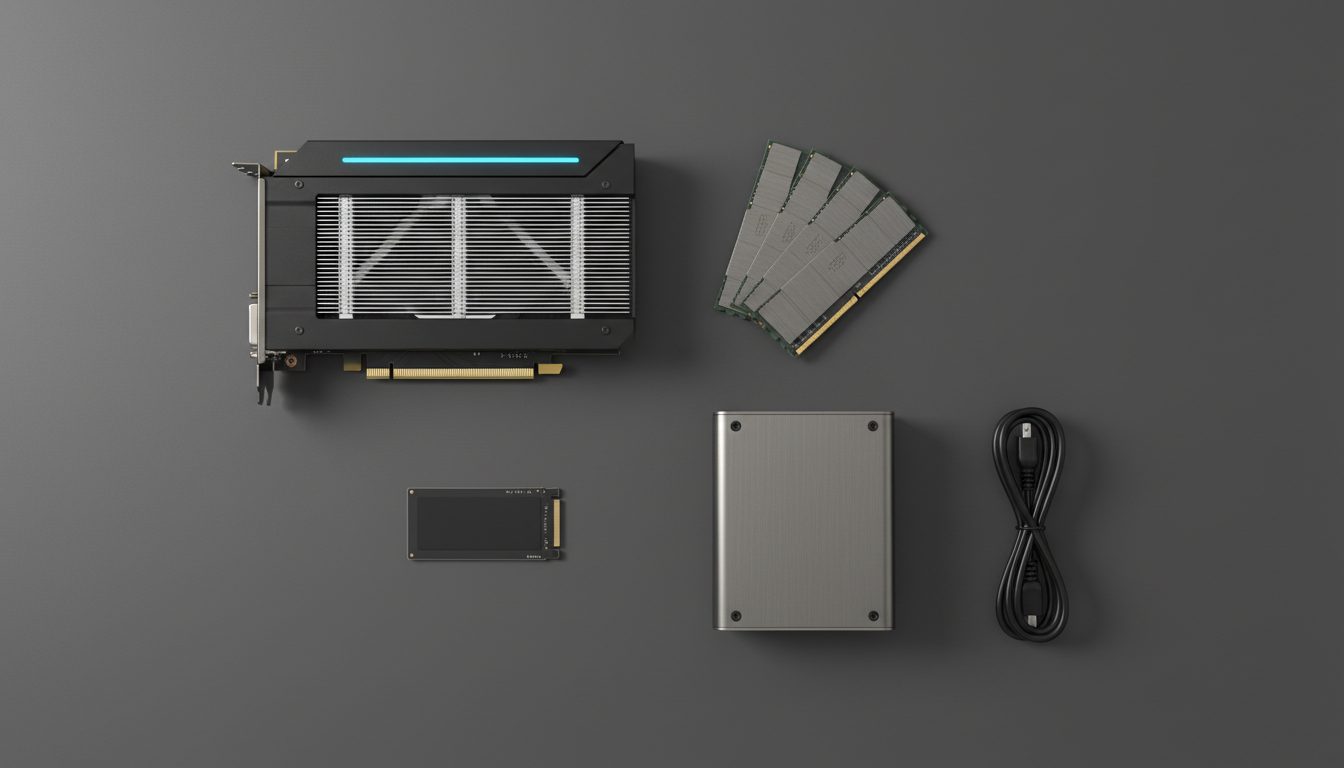 Overhead flat lay of local AI hardware components: a graphics card, RAM modules, an NVMe drive, and a fanless mini PC.