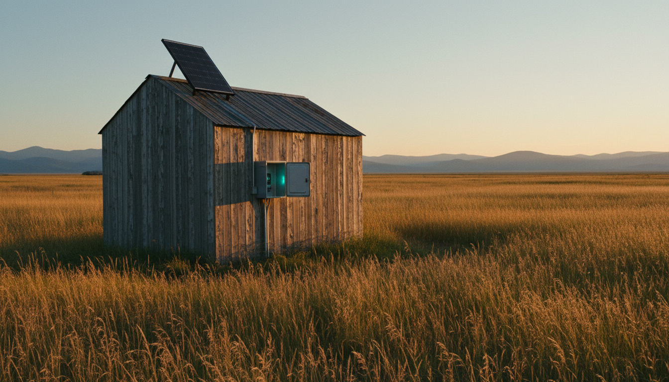 A solar panel on a remote outbuilding roof at golden hour, with a cable running down to a small weatherproof equipment enclosure.