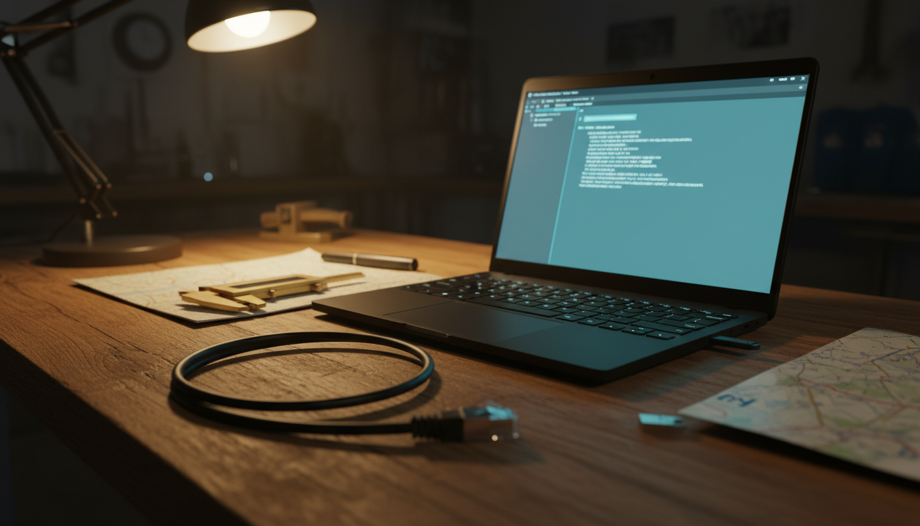 A laptop running an offline AI LLM on a workbench with its ethernet cable unplugged and coiled beside it.
