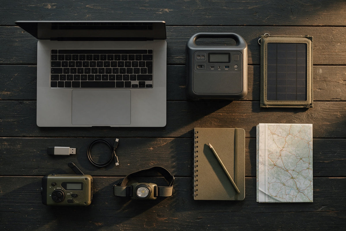 A computer, power station, solar panel, USB drive, radio, headlamp, notebook and map laid out on a table