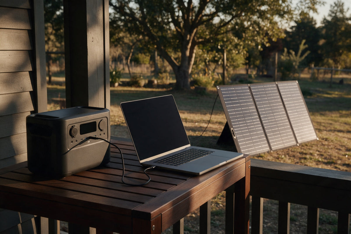 A portable power station and folding solar panel running a computer on a porch
