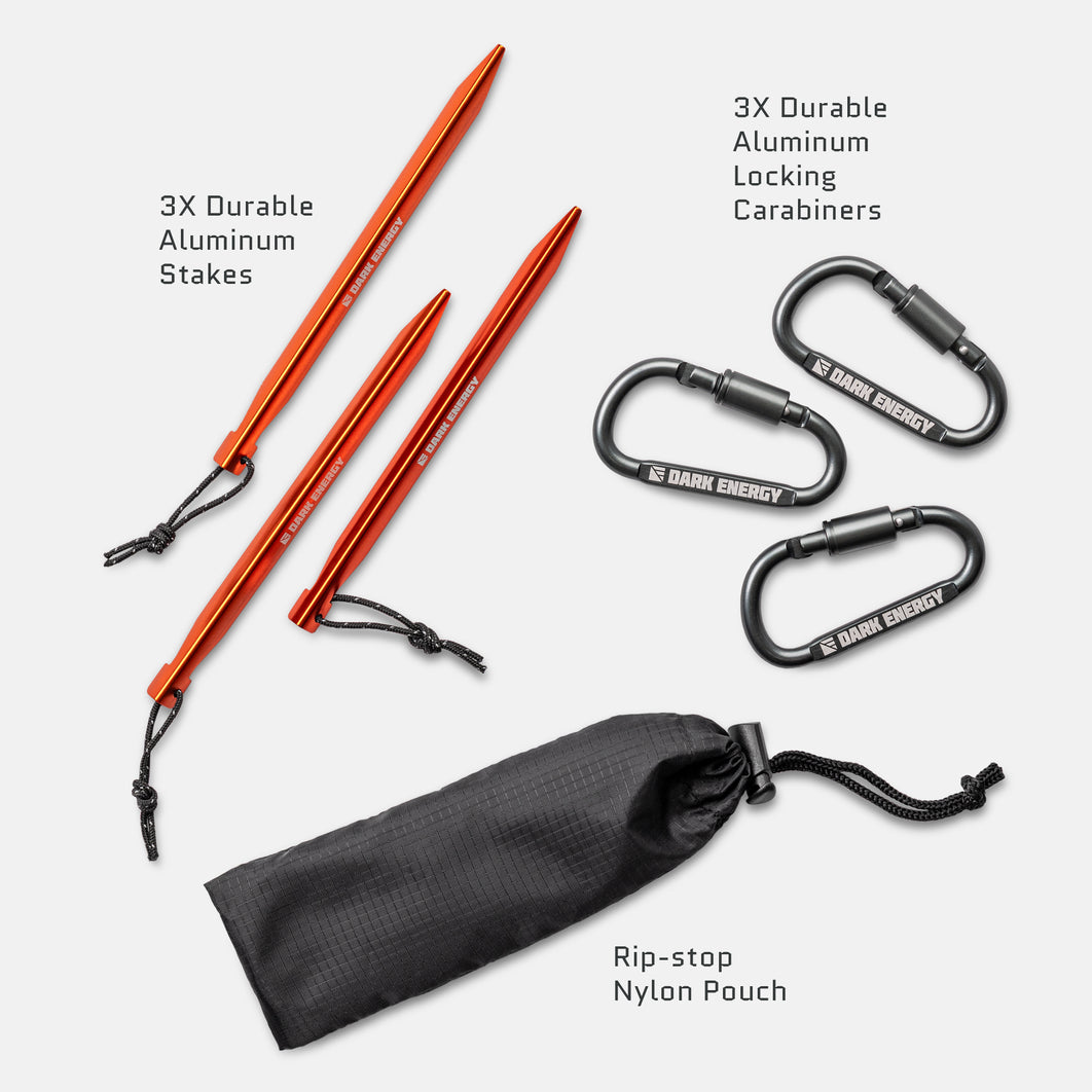 Spectre accessories kit contents: three aluminium stakes, three locking carabiners and a ripstop nylon pouch.