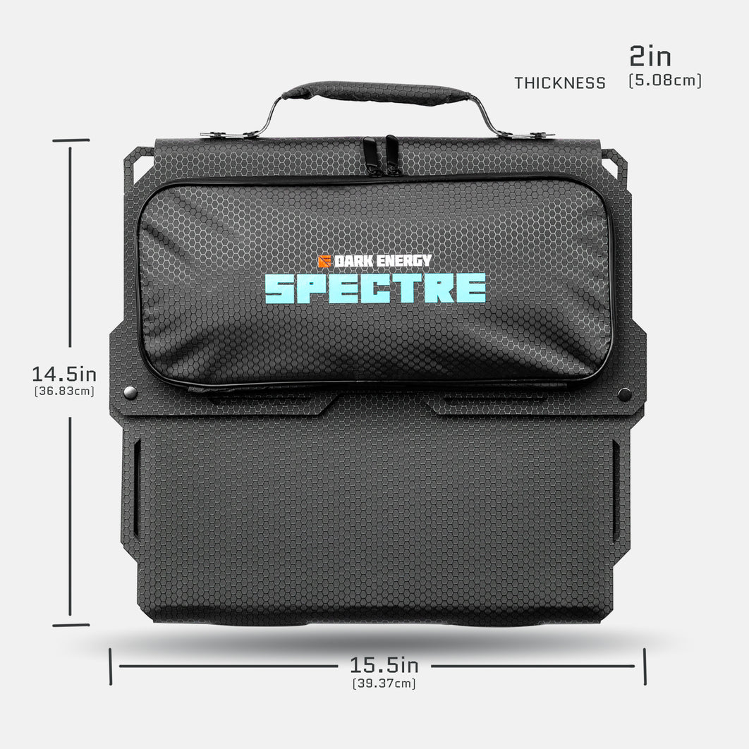 Spectre solar panel folded dimensions: 15.5 by 14.5 inches and 2 inches thick.