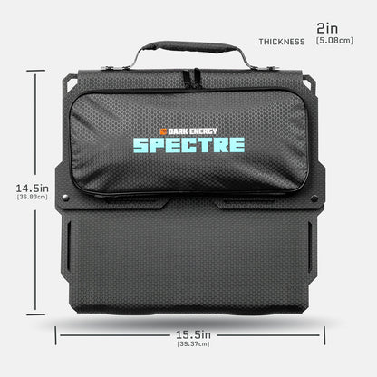Spectre solar panel folded dimensions: 15.5 by 14.5 inches and 2 inches thick.
