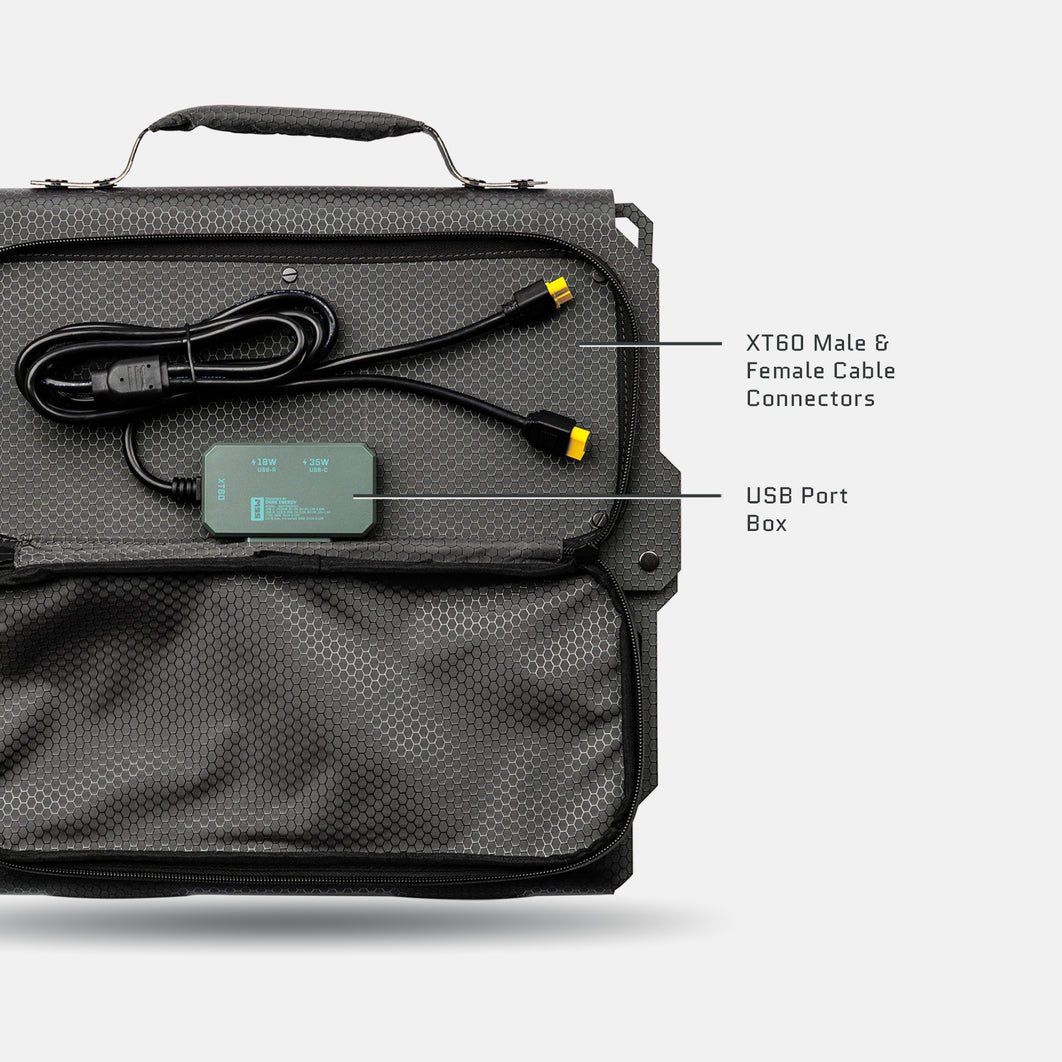The Spectre solar panel with its XT60 male and female cable connectors and USB port box.