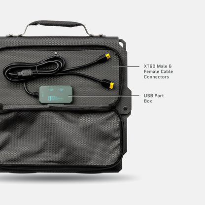 The Spectre solar panel with its XT60 male and female cable connectors and USB port box.