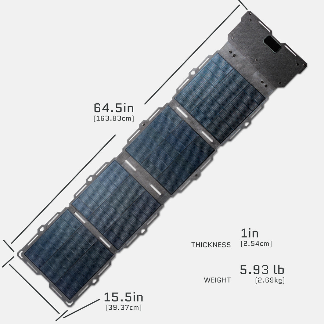 Spectre 56W solar panel dimensions: 64.5 by 15.5 inches, 1 inch thick, 5.93 pounds.