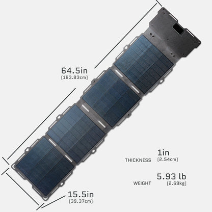 Spectre 56W solar panel dimensions: 64.5 by 15.5 inches, 1 inch thick, 5.93 pounds.