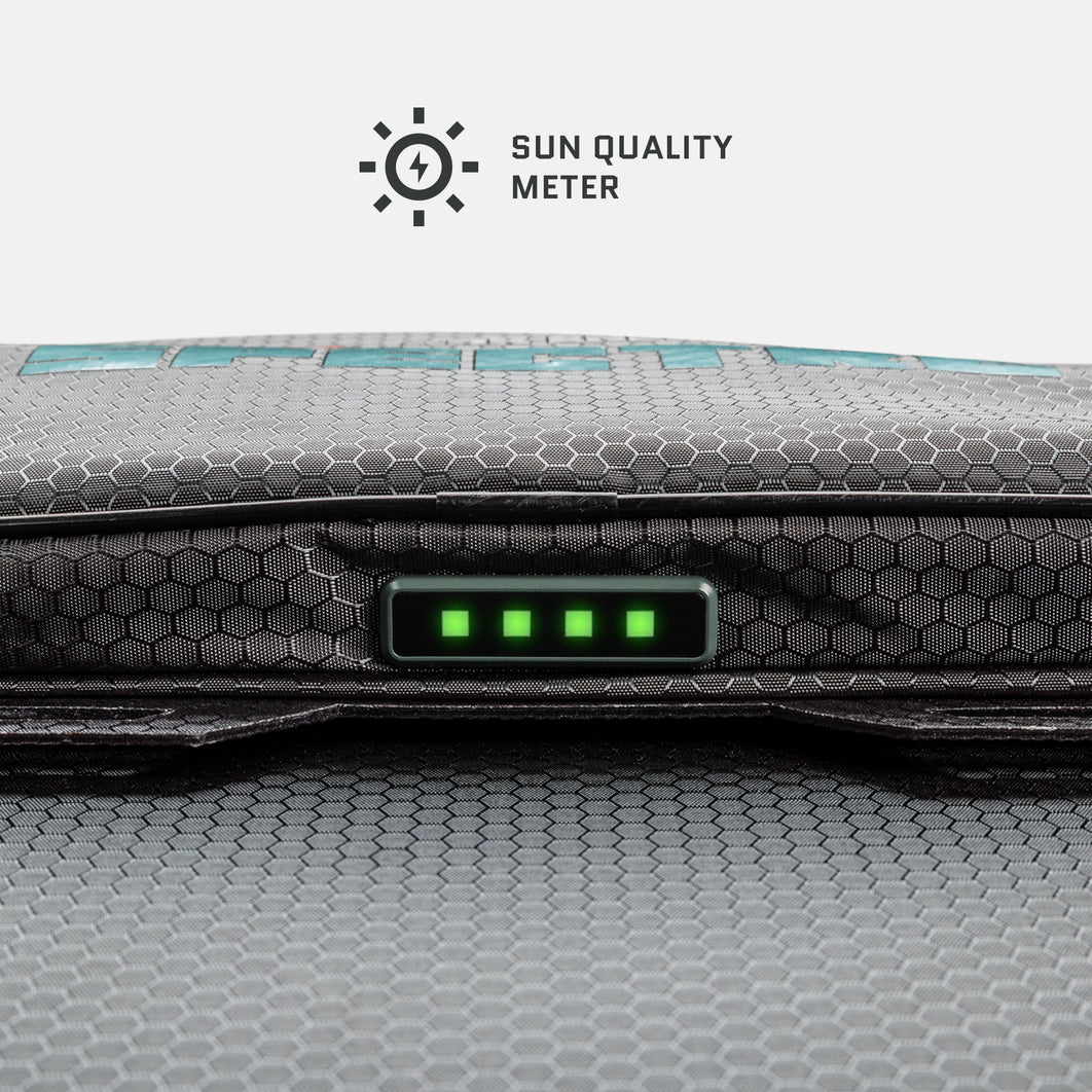 Close-up of the Spectre solar panel sun quality meter indicator lights.