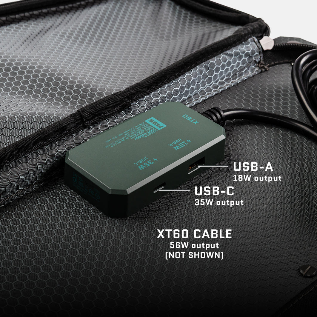 The Spectre solar panel USB port box: USB-A 18W output, USB-C 35W output and XT60 cable at 56W.