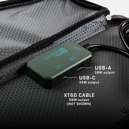 The Spectre solar panel USB port box: USB-A 18W output, USB-C 35W output and XT60 cable at 56W.