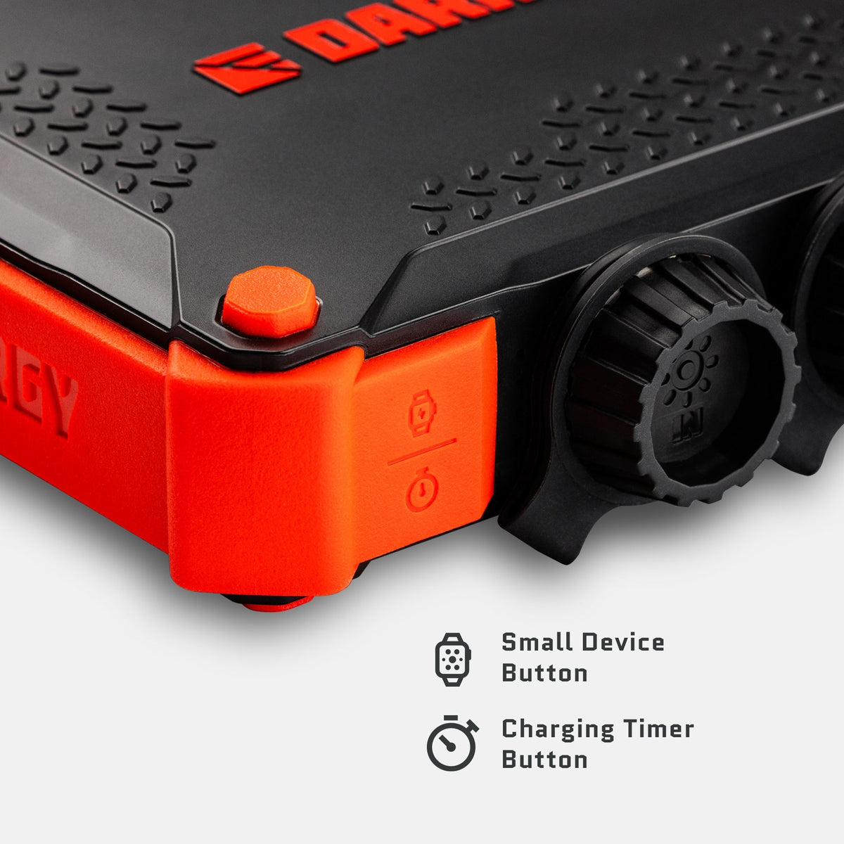 Close-up of the Poseidon XL small device button and charging timer button.