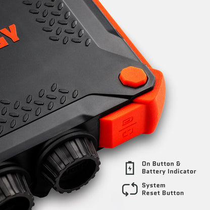 Close-up of the Poseidon XL on button, battery indicator and system reset button.