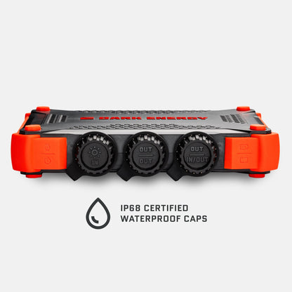 Poseidon XL power bank with IP68 certified waterproof port caps.